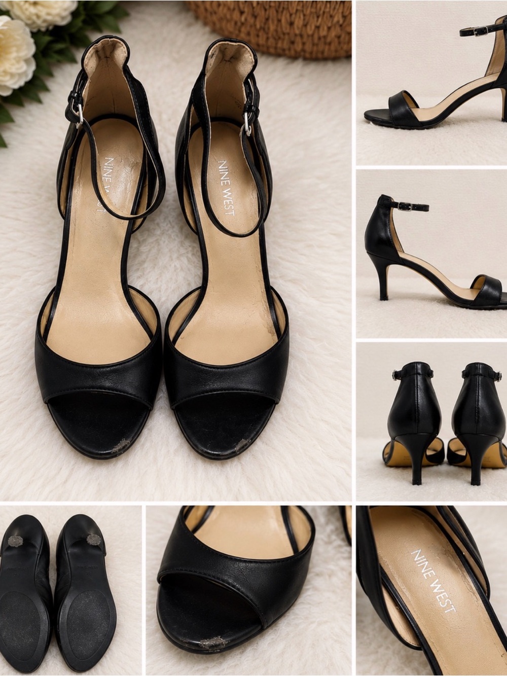 Nine West Black Leather Ankle-Strap Heels